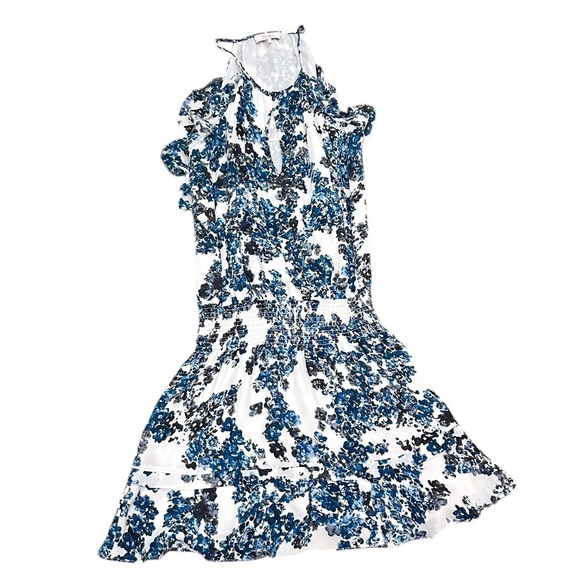 Parker 100% silk Floral Halter key hole Neck Dress Blue/White ruffle hem small - Picture 3 of 11